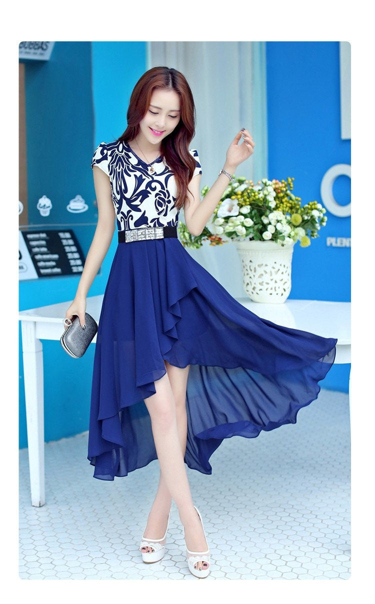 Women Porcelain Style Fashion Dress one piece Trendy Casual Summer Super Chiffon Dress Irregular