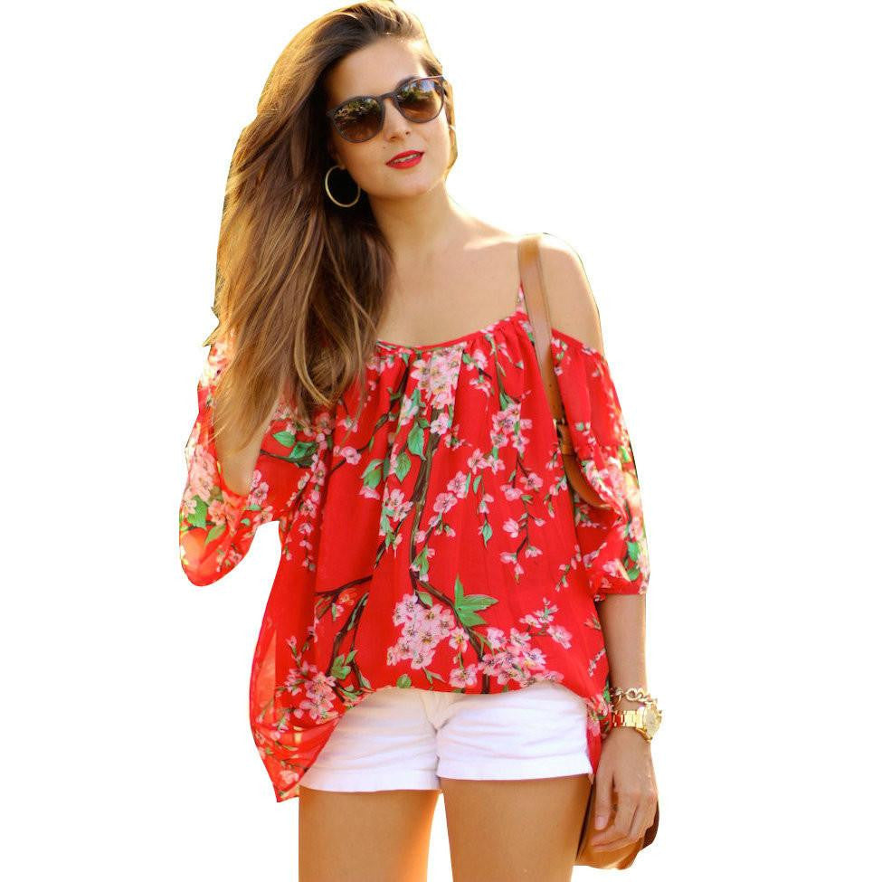 Women Blouse Off the Shoulder StrSpaghetti Floral Sakura Chiffon Loose Casual Blouse Top Style