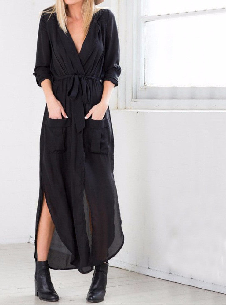 Online discount shop Australia - Black Long Maxi Tshirt Dress New Arrival Women Fashion Chiffon Long Maxi Dress Shirt Dress Black Army Green Grey With Belt