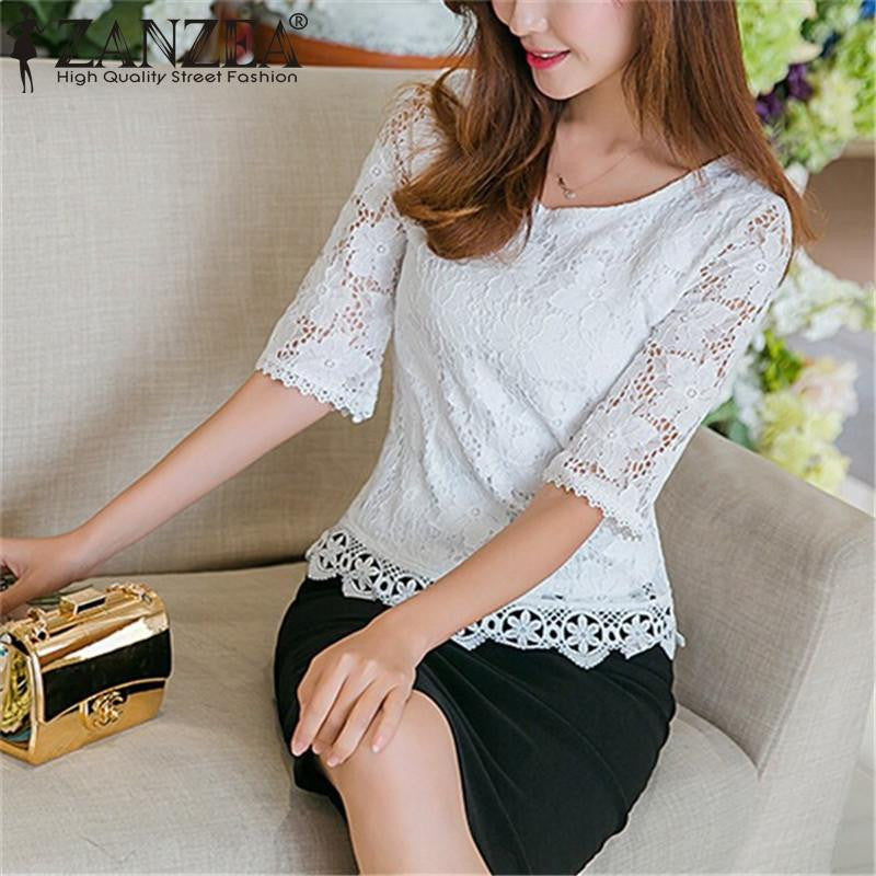Women Lace Blouse Flare Sleeve Loose O-neck Chiffon Shirt Style Sweet Half Sleeve White Black Hollow