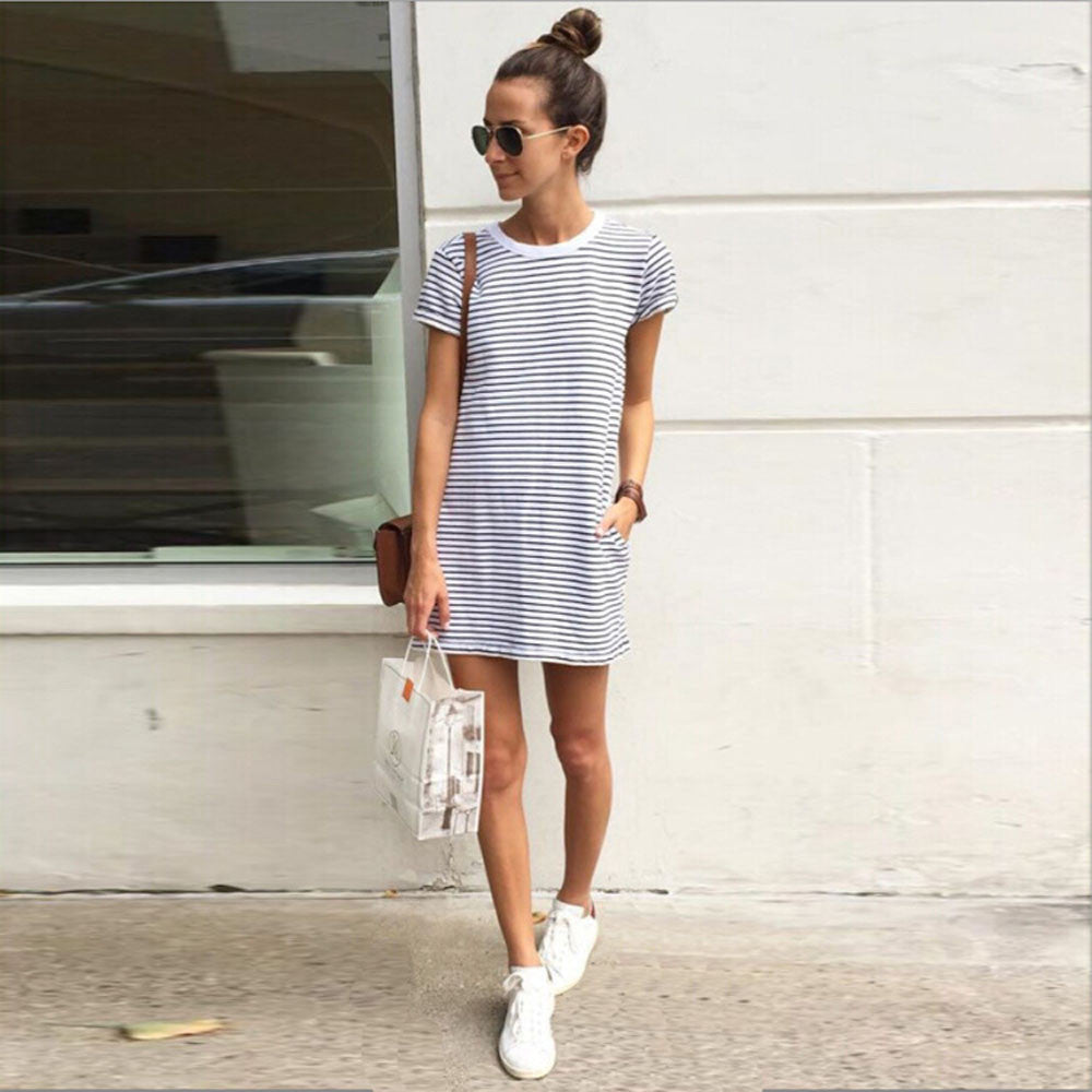 Fashion Women Dresses Women Casual Loose Striped Party Bodycon Mini Dress OL Shopping Vestido