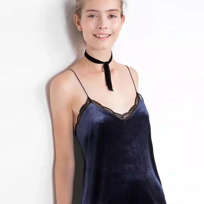 Summer Brand Design Womens Spaghetti Strap Open Back Sleeveless V Neck Lace Shift Mini Dress Night Dress Velvet slip dress