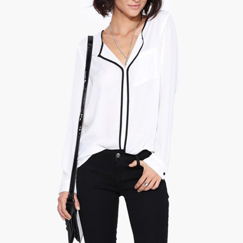 Style Fashion Womens Casual White Shirt Long Sleeve Black Side Chiffon Blouse V-neck Work Shirts Women