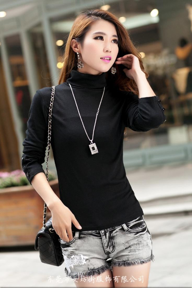 Online discount shop Australia - Fashion Women's Clothing Blouses Shirts Solid High Collar Turtleneck Long Sleeve Cotton Tops Tee Clothes