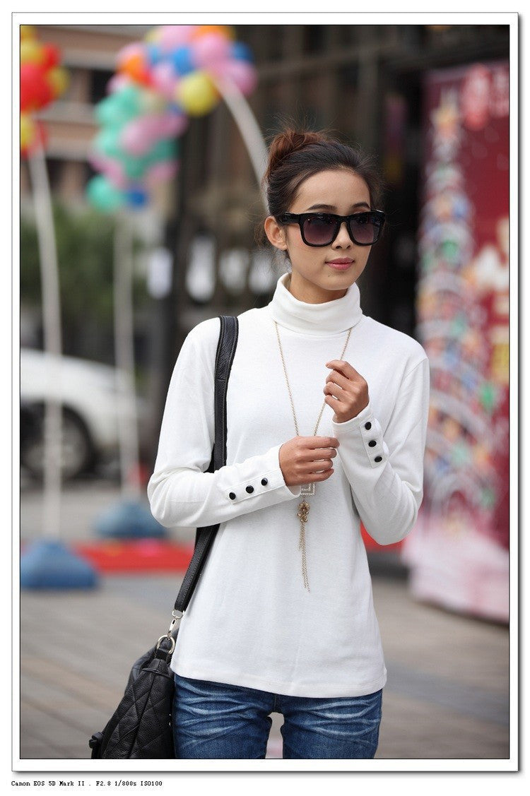 Online discount shop Australia - Fashion Women's Clothing Blouses Shirts Solid High Collar Turtleneck Long Sleeve Cotton Tops Tee Clothes