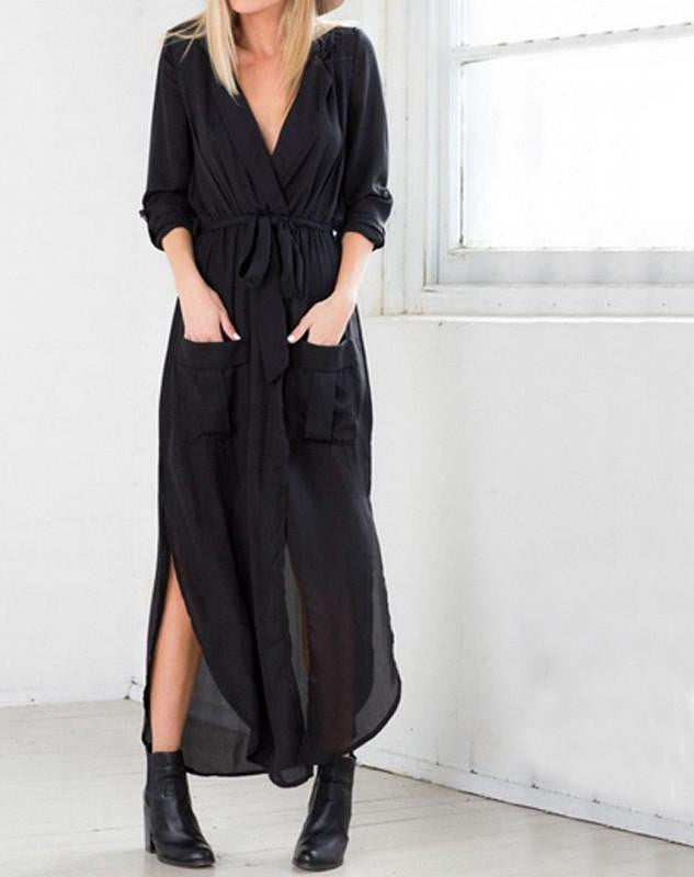 Women Vintage Casual Loose Long Maxi Split V Neck Dress Ladies Chiffon Beach Dress US Plus Size 4-24