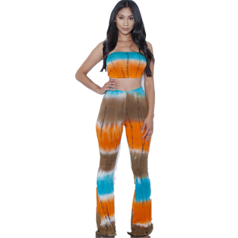 Online discount shop Australia - European and American Style Tie Dye Flared Trousers High Waist Wide Leg Long Pants Trousers with Crop Top 2-piece Set
