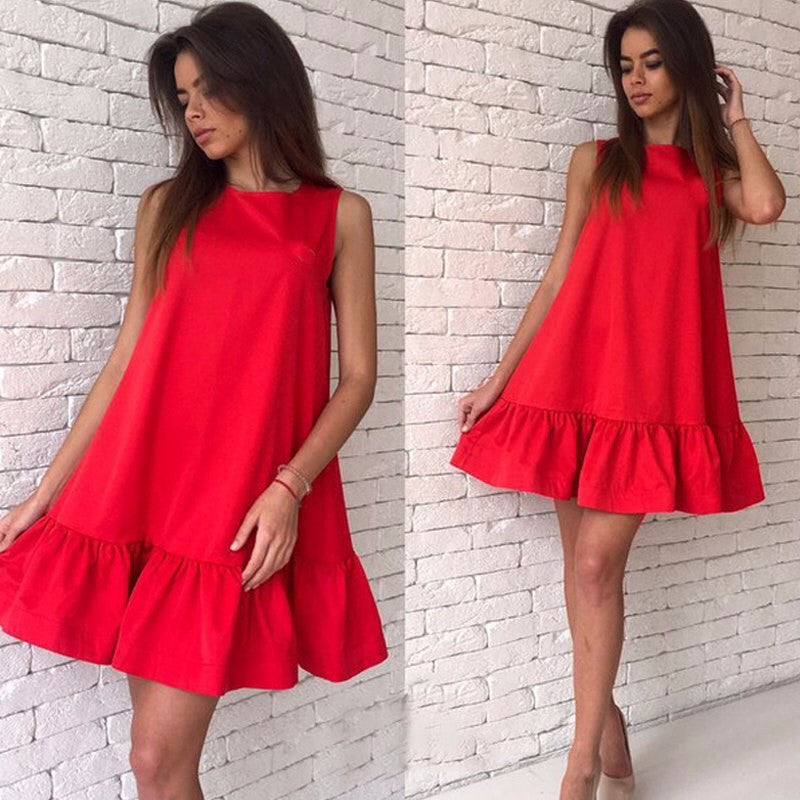 Women Dresses Autumn Summer Sleeveless Round Neck Casual Plus Size Beach Ruffle Dresses