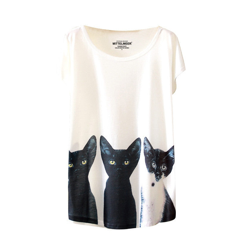 Online discount shop Australia - Brand New Fashion  Animal Cat Print Shirt O-Neck Short Sleeve T Shirt Women Tops White T-shirt