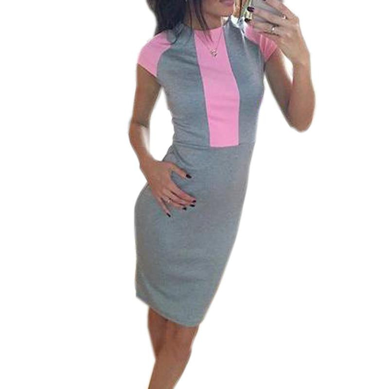 Summer Dress Women Pink Gray Color Block Tight Fitted Dresses Ladies Bandage Zipper Back Dress Vestidos J3271