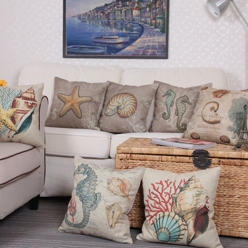 Retro Style European Retro Style Marine Biology Cushion Cover Sea Conch Shell House Pillow Case Linen Cotton Pillows Covers