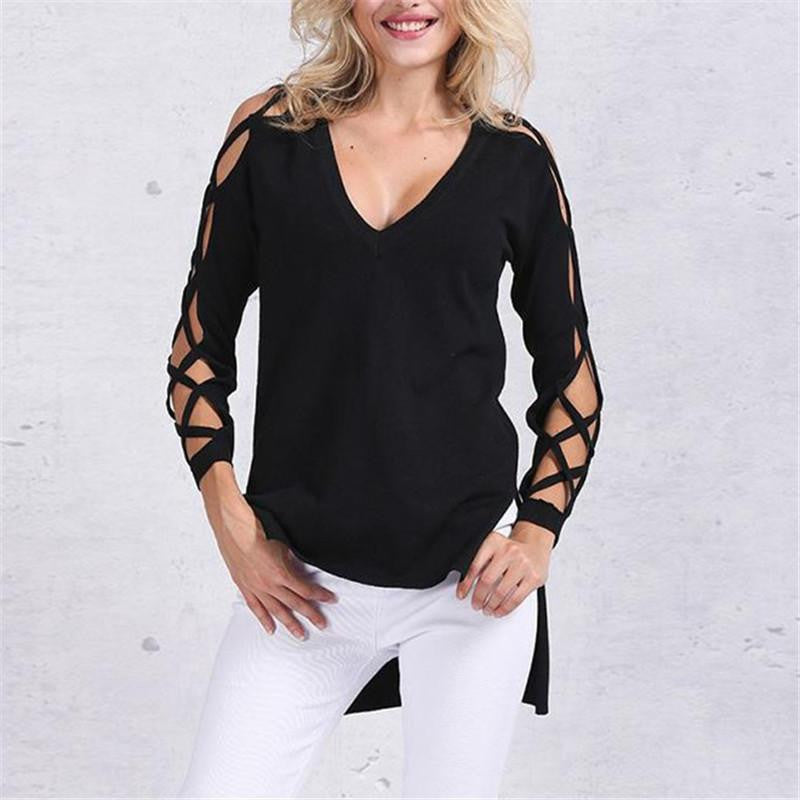 T Shirt Women Brand V Neck Long Sleeve Hollow Out Side Split Tops Shirts Plus Size Cotton T-Shirt