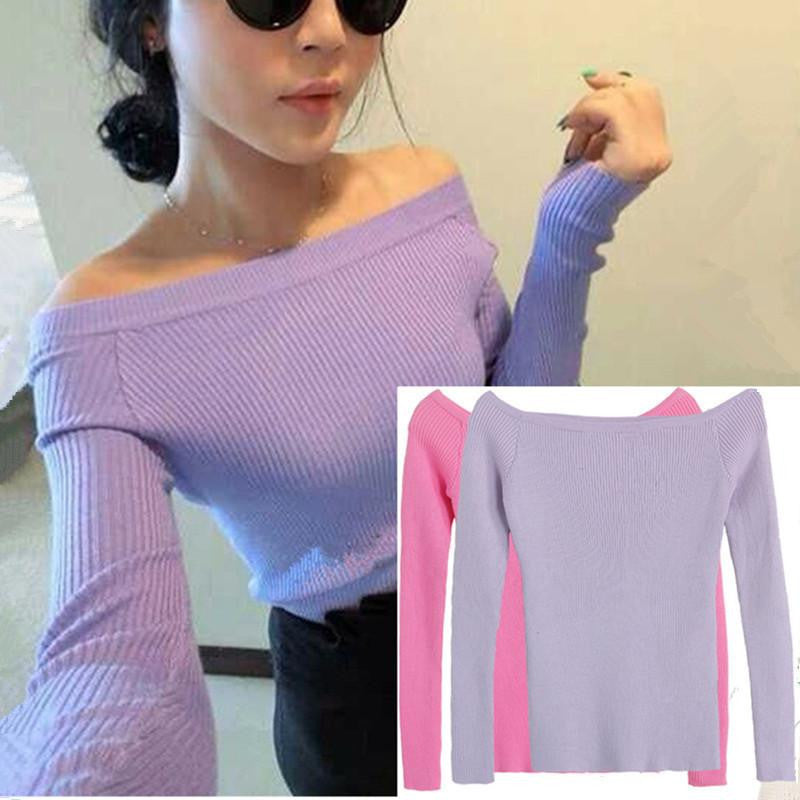 and Women Basic Pullover Sweaters female slit neckline Strapless Sweater thickening sweater top thread slim