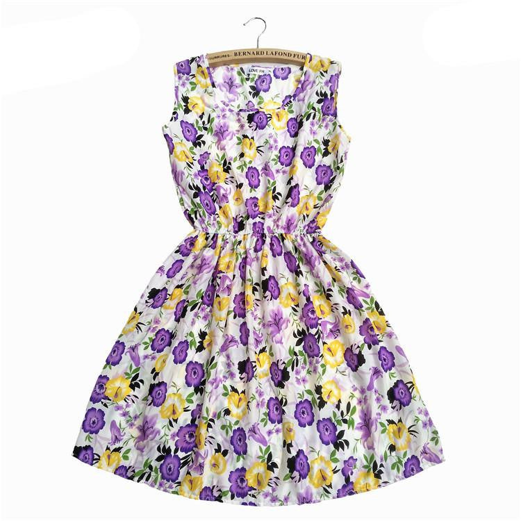 Women Casual Print Sleeveless Dress Chiffon stripe / floral print Elastic Waist Bohemian Beach Dresses