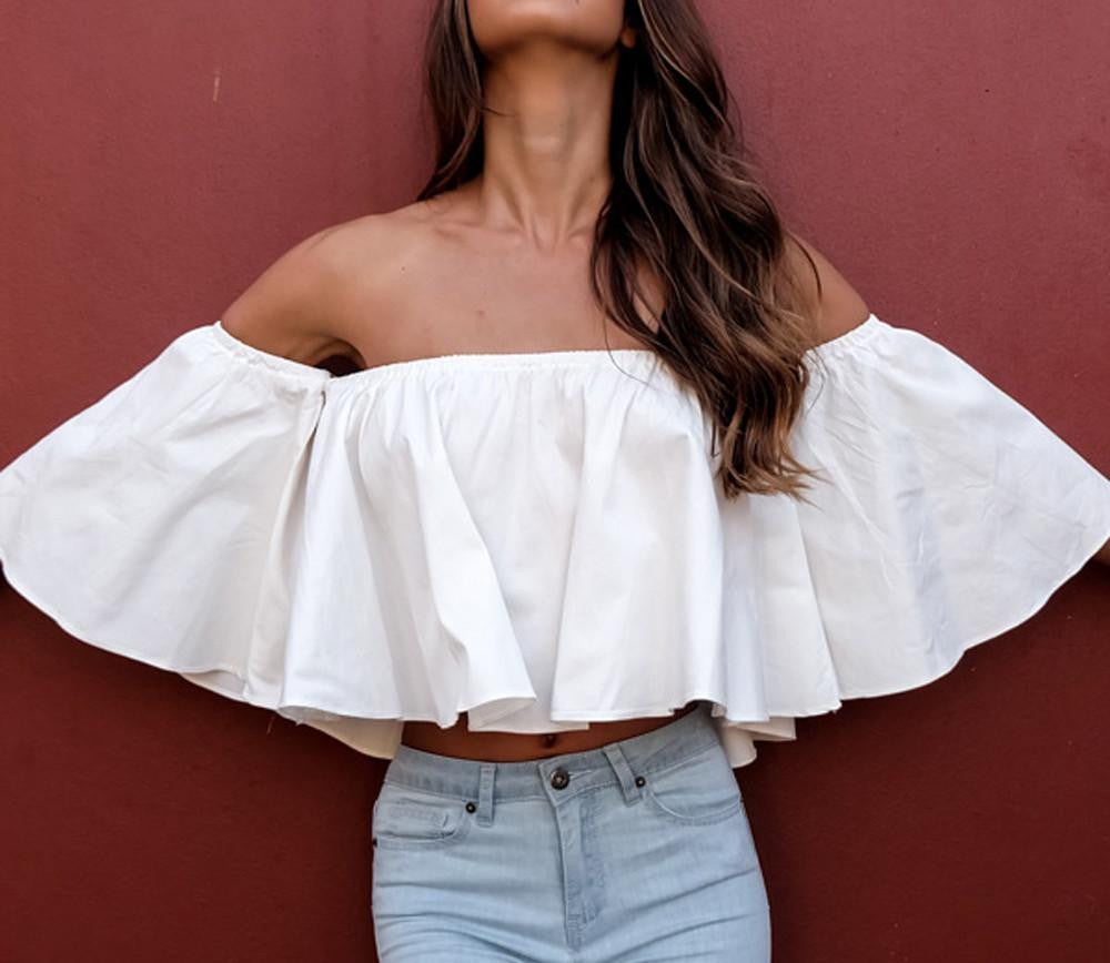 trendy white ruffles off shoulder crop tops cotton flare sleeve girls sexy tops plus size loose-fit women shirt blouse