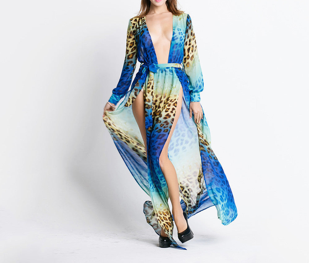 Online discount shop Australia - Missord Sexy V-neck Long Sleeve split printing dress beach dress FT2294-2