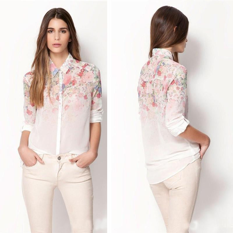White See-Through Women Loose Button Down Shirt Blouse Lapel Chiffon Floral Shirt