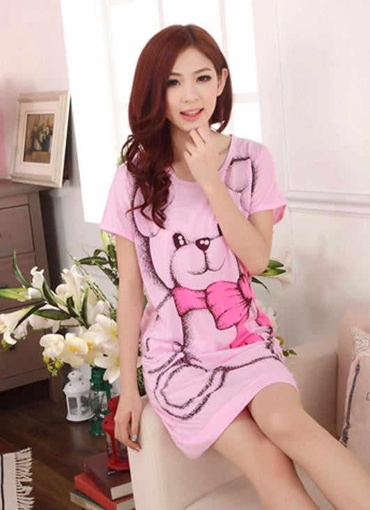 Women's Nightgowns Sleeveless Short-sleeve Dress Cute Girls Sleepwear Cartoon Bear Printed Sleepwear