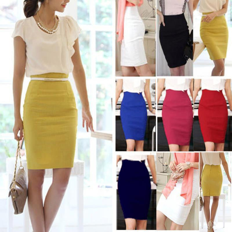 Spring Women's Slim Fitted Knee Length Pencil Skirt High Waist Straight Solid Multi-Color