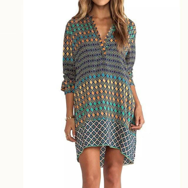 Summer Vintage Rrinted Dresses Casual Loose Women Dress Long Sleeve V-Neck Dresses Vestidos Feminino Plus Size BM-C2054