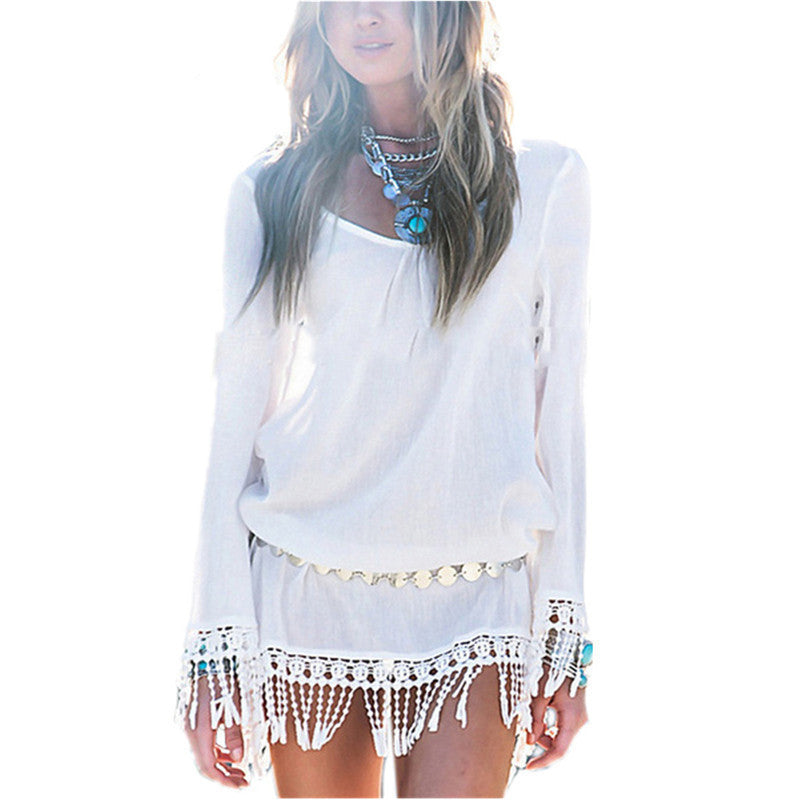 Summer Style Sexy Women Dress O Neck Lace Tassel Chiffon Mini Dresses Casual Loose Short Party Vestidos Bohemian Beach Robe-Dollar Bargains Online Shopping Australia