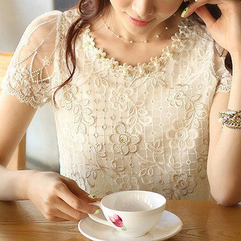 S-XXXL hot fashion Offer women's chiffon shirt lace top beading embroidery o-neck Women's Blouses Blouse d338A31