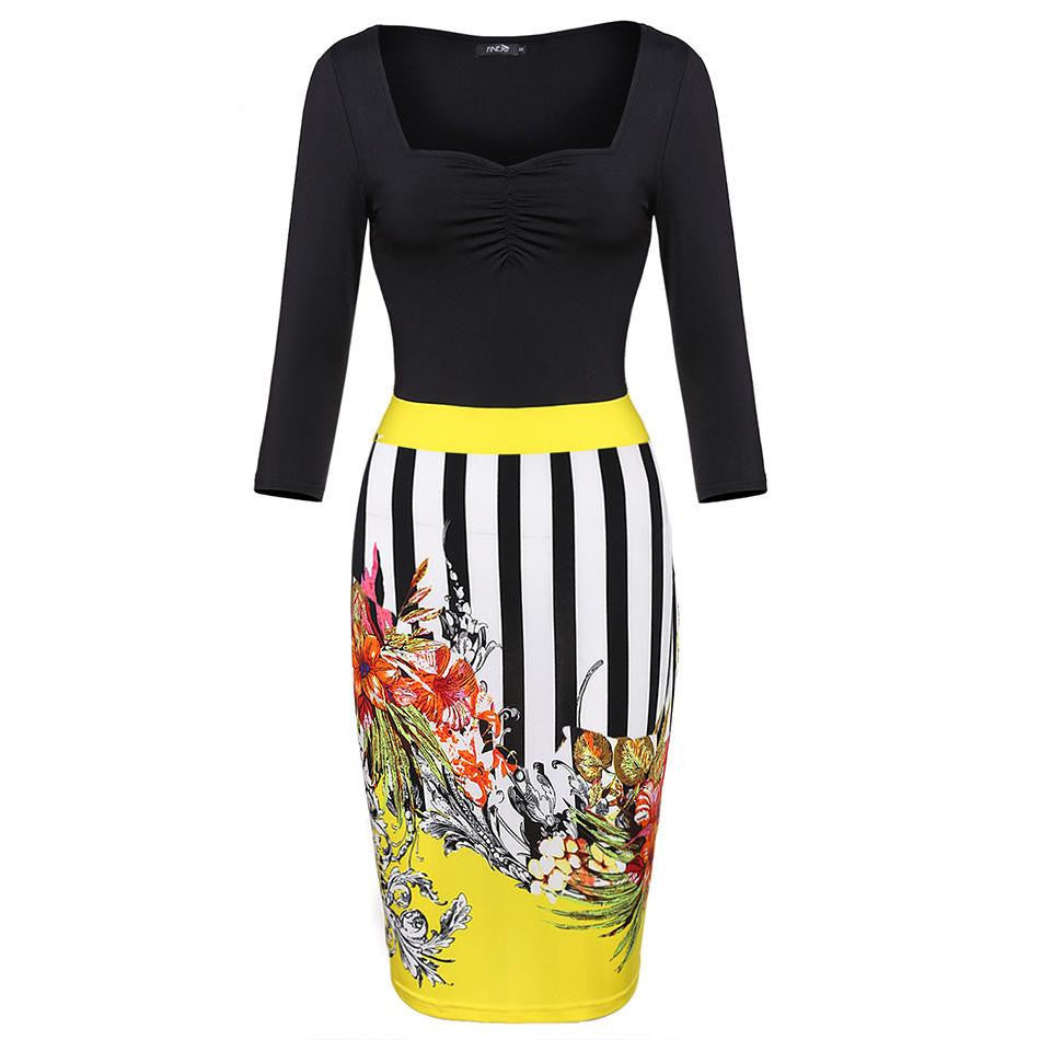 Stylish Women 3D Floral Print Bodycon Dress Slim Party Club Dresses Plus Size 3/4 Sleeve Splicing Striped