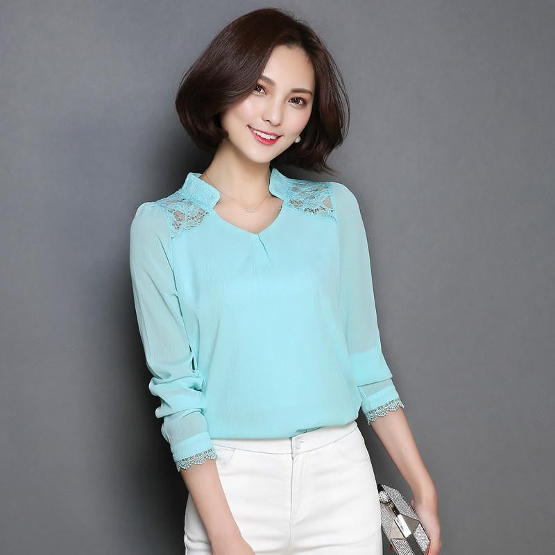 Women Blouses Lace Plus Size Casual shirts Hollow Long-sleeved chiffon blouse Shirt women Tops 377E 20