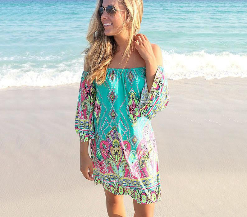 Summer beach Dress Fashion Bohemian Boho Flower Print Off Shoulder Womens Casual Vintage Women Plus Size Dresses