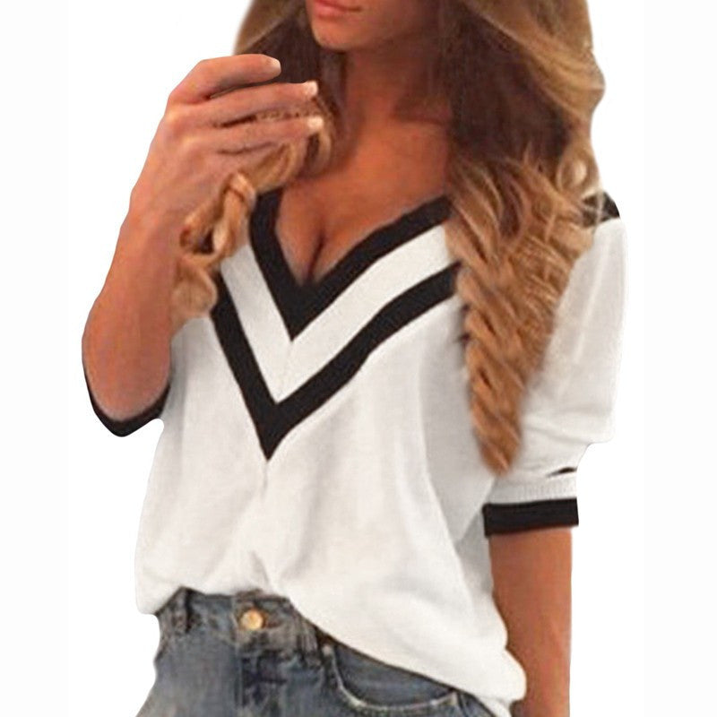 Tee Tops Women Deep V Neck Blouses Casual Loose 3/4 Sleeve Blouse Shirts Plus Size