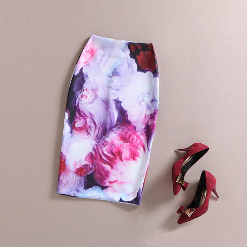 Vintage Retro Fantasy 3D Oil Painting Mid-Calf Rose Flower Floral Print High Waist Pencil Skirt Bodycon Gonne Elastic Hip