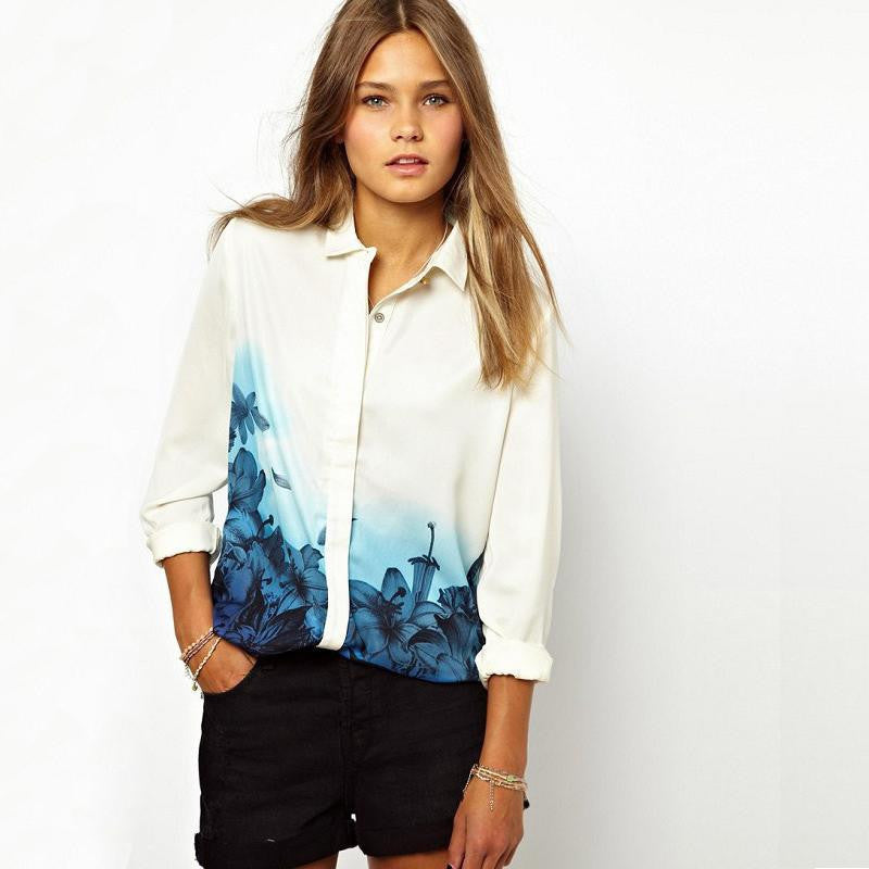 Online discount shop Australia - New  Printing Waist Fashion Style Retro Plus Size Stand Collar Full Sleeve Chiffon Shirt Women