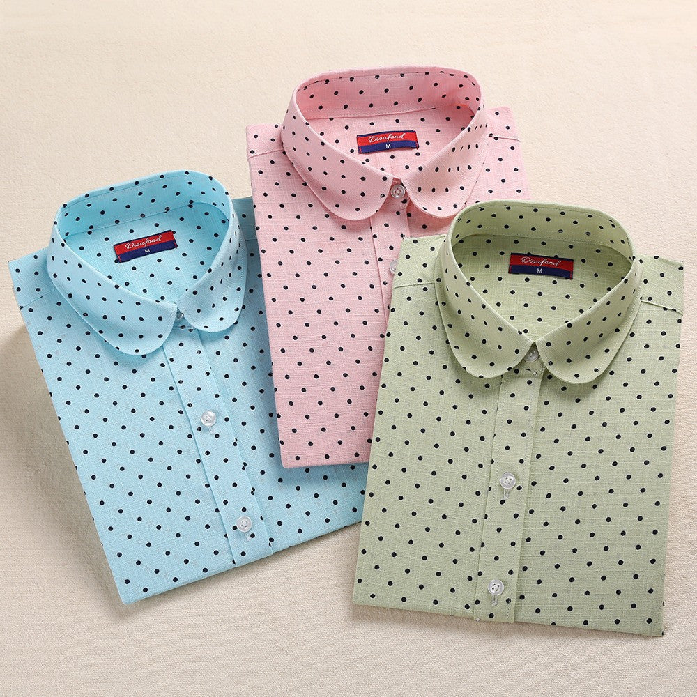 Online discount shop Australia - Brand New Cotton Women Shirts Long Sleeve Blouse Polka Dot Turn Down Collar Women Tops