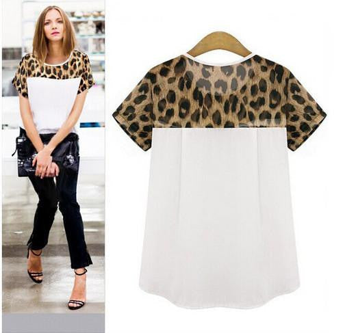 Woman blouses Chiffon clothing Leopard Print Patchwork Top Round Neck Short Sleeve Casual Clothing