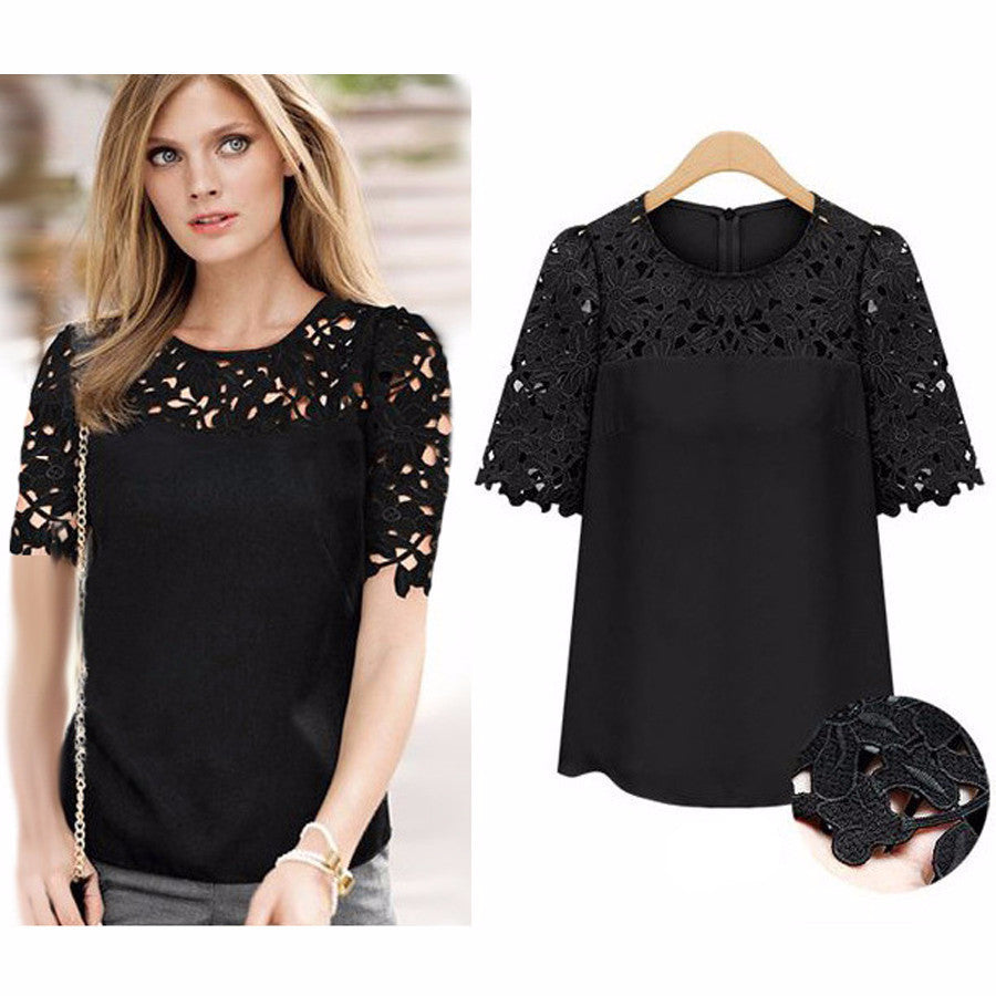 Online discount shop Australia - Fashion New Ladies Blouse O-Neck Soild Hollow Out Patchwork Loose Causal Lady Blouse Plus Size S-5XL