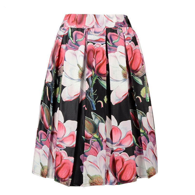 Online discount shop Australia - Floral Print Vintage Pleated Skater Midi Skirt Fashion High Waist Ball Gown Women Skirt Elegant Saia