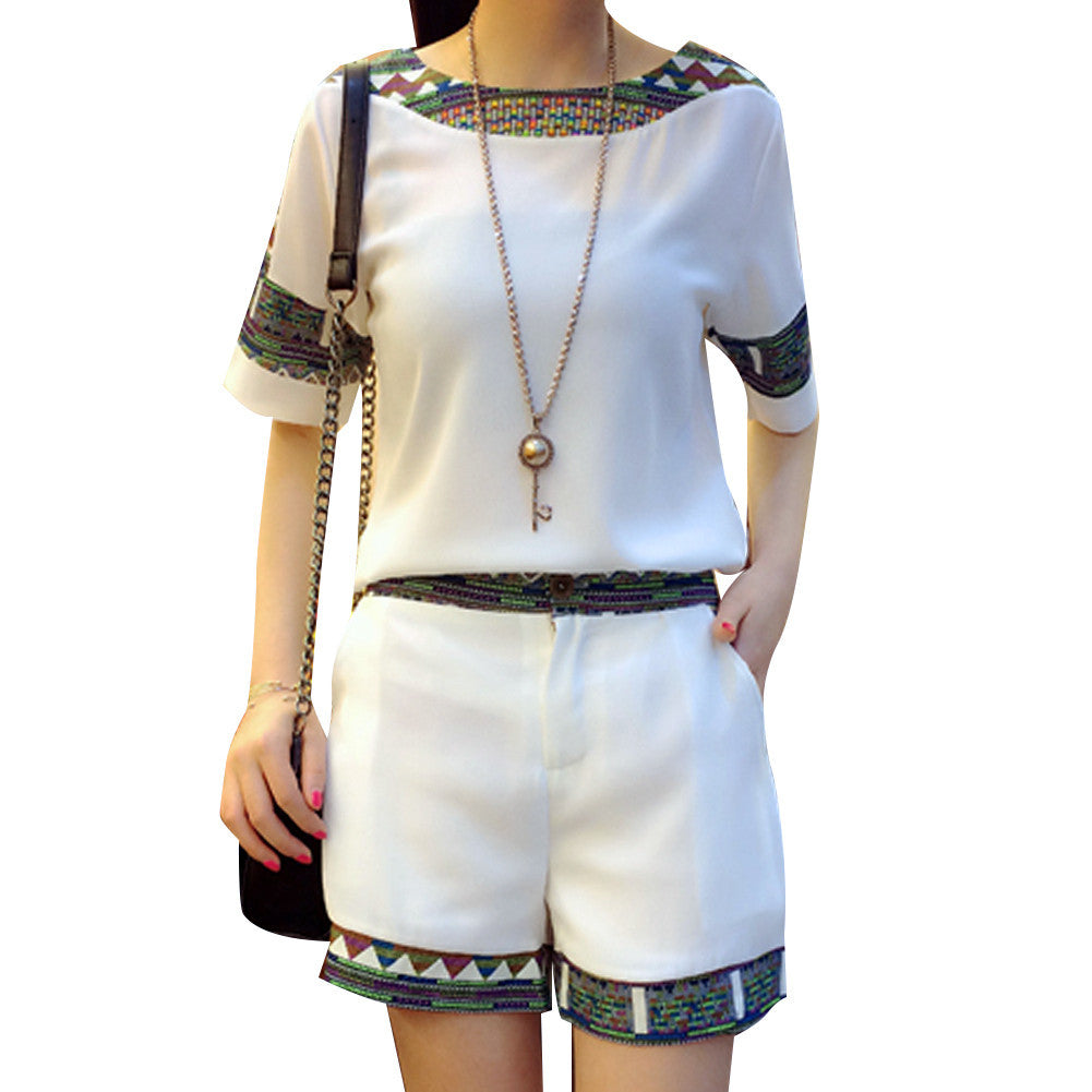 Summer Women's Slim Short Sleeved Chiffon T-shirt + Shorts Two Piece Fashion Patchwork Suit Set Elegant Clothing-Dollar Bargains Online Shopping Australia