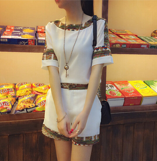 Summer Women's Slim Short Sleeved Chiffon T-shirt + Shorts Two Piece Fashion Patchwork Suit Set Elegant Clothing-Dollar Bargains Online Shopping Australia