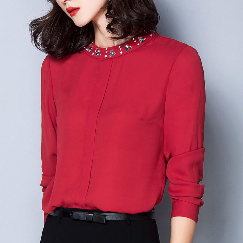 Women Blouse Long Sleeve Solid Color Chiffon Shirt Plus Size Casual Women Tops 160A 25