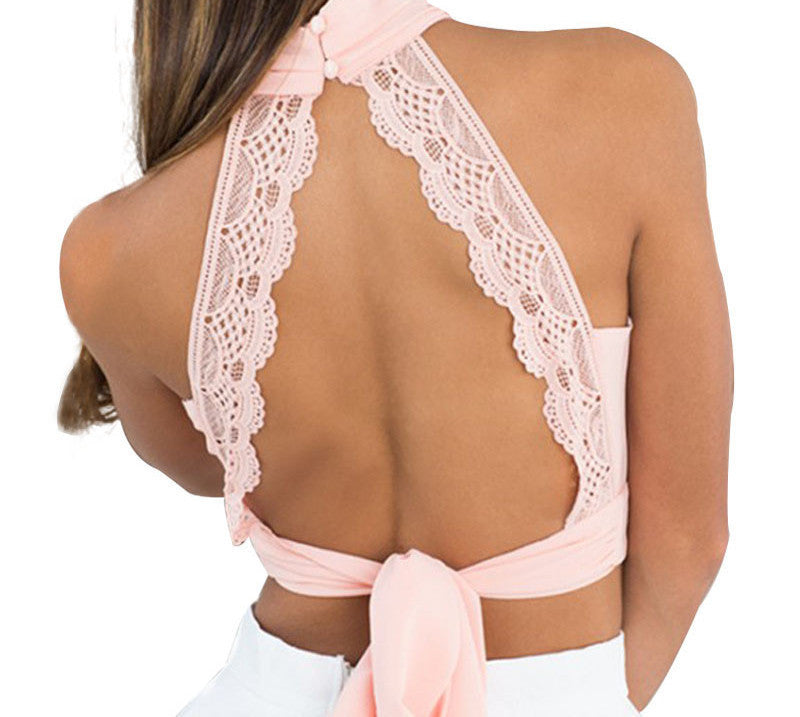 Online discount shop Australia - 3Colors High Neck Elegant Lace Tank Top Women Sexy Boho Backless Halter Tops   Chiffon Crop Tops Retro Ladies