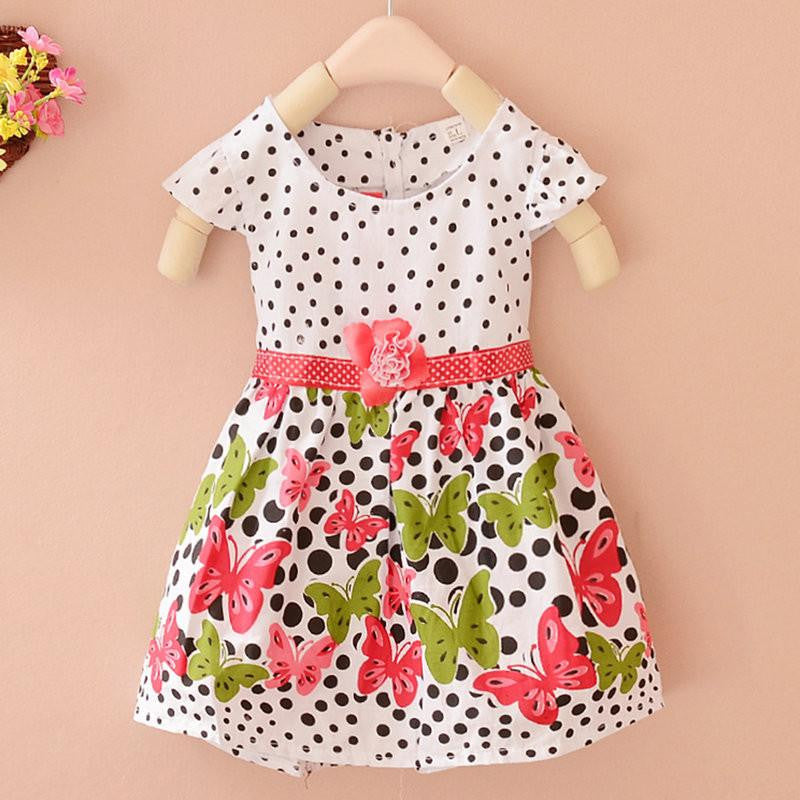 Stylish Baby Girls Kids Short Sleeve Dress Polka Dots Butterfly Princess One-piece Dresses