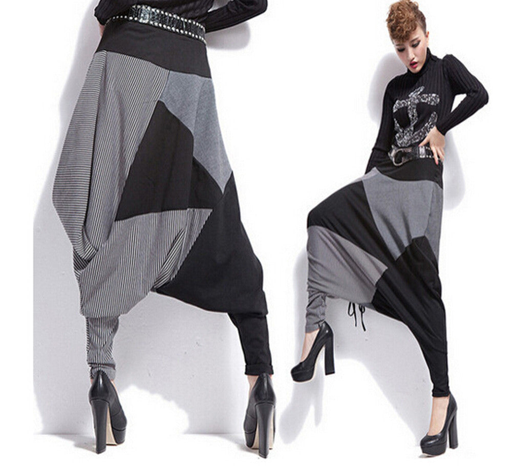 Fashion Casual Women Loose Pants Cotton Blend Patchwork Striped Color Cross pants Top Trousers