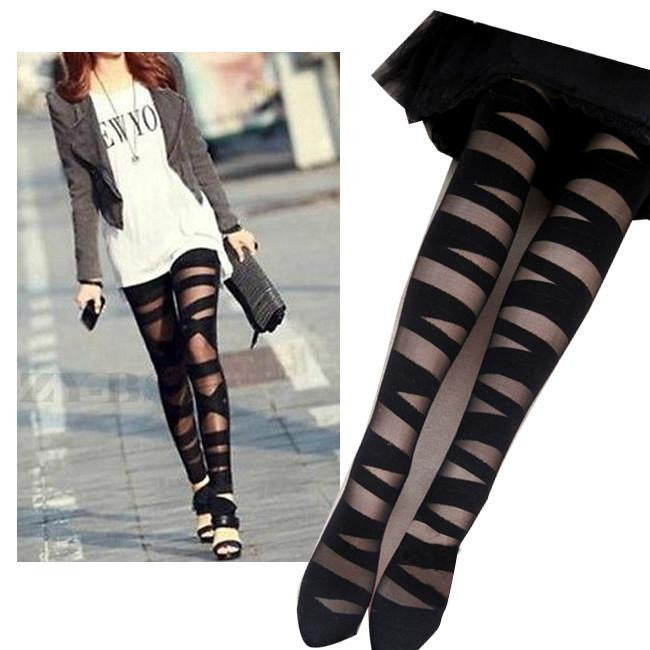Women Black Ripped Stretch Vintage Legging Mock Black Transparent Women leggings 3084