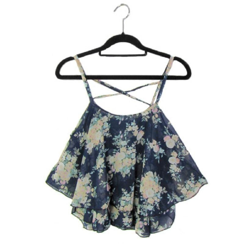 Crop Tank Top Print Chiffon Sleeveless Women Camis Cropped Ladies Spaghetti Strap Flower Floral Blouse Fashion