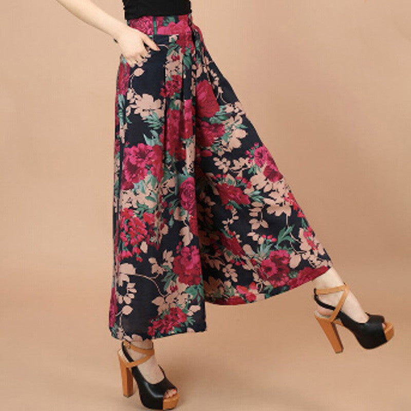 Plus size Summer Women Print Flower Pattern Wide Leg Loose Linen Dress Pants Female Casual Skirt Trousers