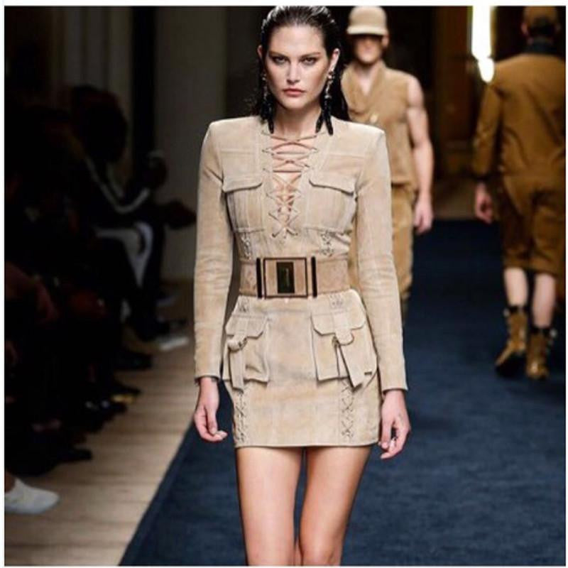 Unique Runway Dress Women's Long Sleeve Deep V Lacing Vintage Faux Suede Dress