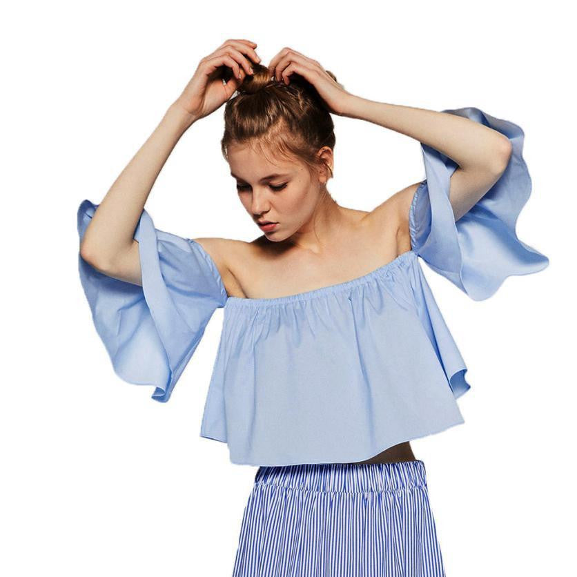 Women Blouses Solid Off Shoulder Slash Neck Flare Sleeve Women Tops #2611