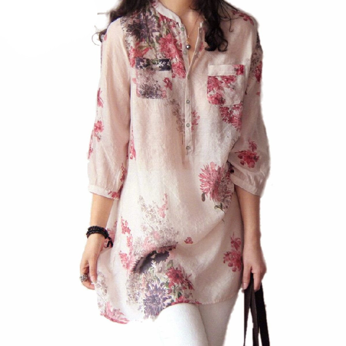 Women Blouses Fashion Linen Blouse Button Casual Floral Print Long Tops Shirts Plus Size M-5XL