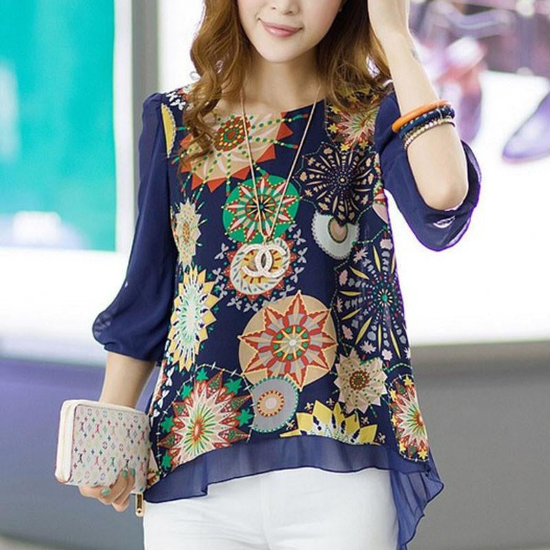 Women Blouses Fashion Casual Female Tops Loose Pleats Retro Printed Chiffon Blouse Plus Size XXL