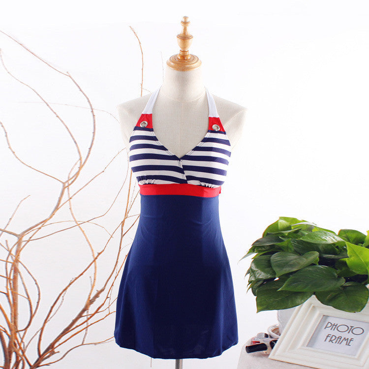 Sexy Stripe Plus Size Padded Navy Blue Halter Skirt Swimwear Women One Piece Swimsuit Beachwear Bathing Suit-Dollar Bargains Online Shopping Australia